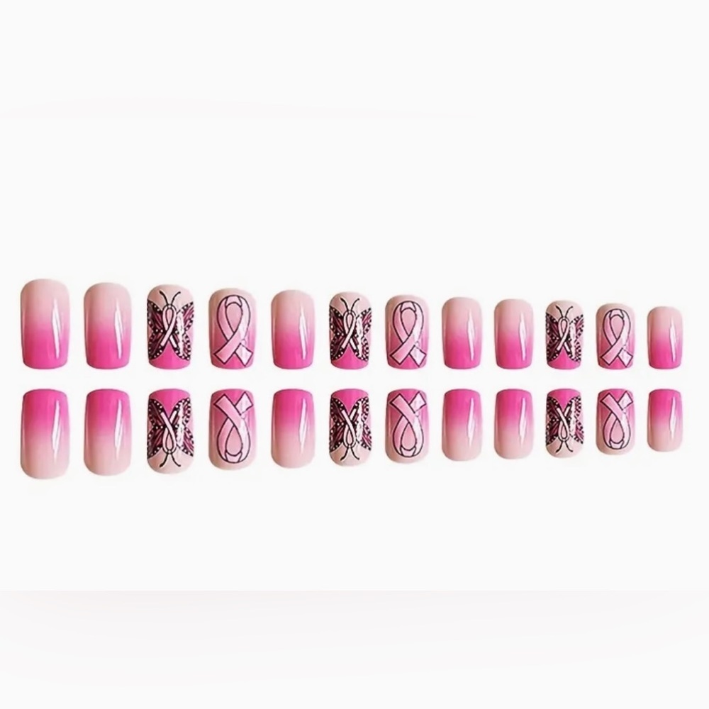 24 pcs glossy short square press on nails- pink Cancer ribbons 🎀 - Picture 3 of 5